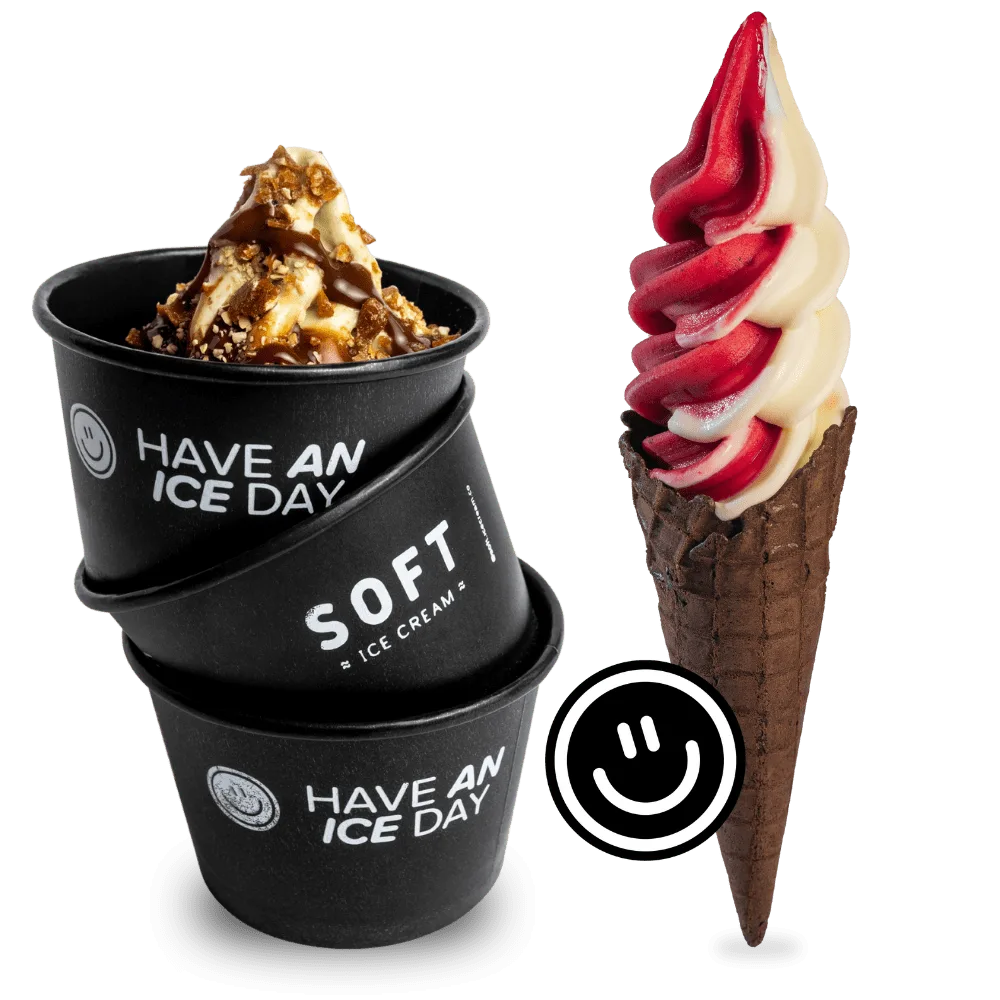 Copos Soft Ice Cream e casquinha de chocolate com sorvete